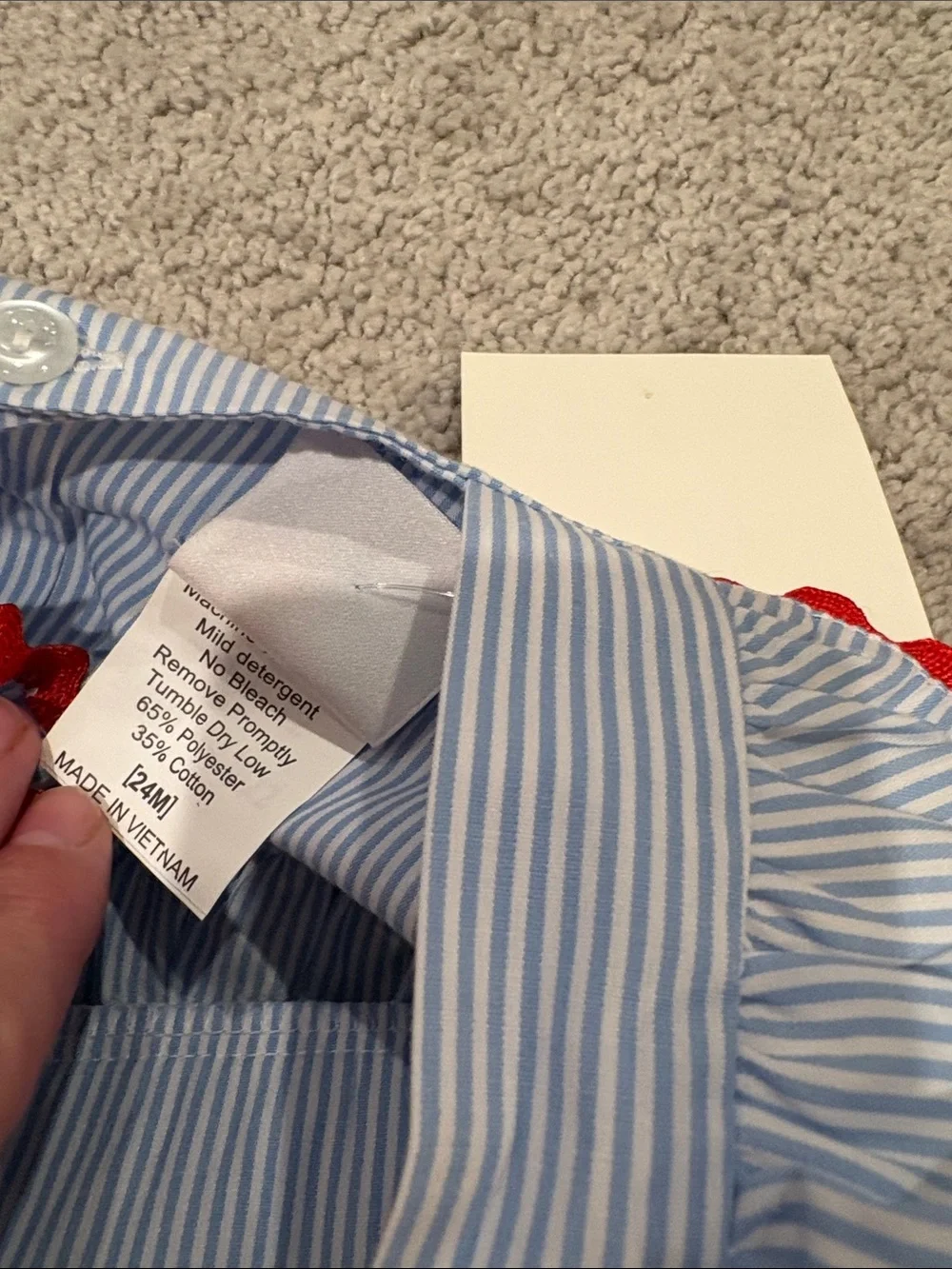 Blue Stripe Smocked Baby One-Piece with Red Trim